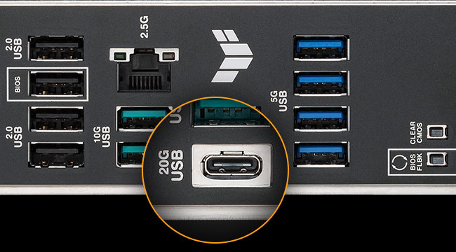Rear I/O panel of TUF GAMING B850M-PLUS II motherboard with a magnified inset highlighting a USB 20Gbps Type-C port among other ports, showing support for high-speed connections.