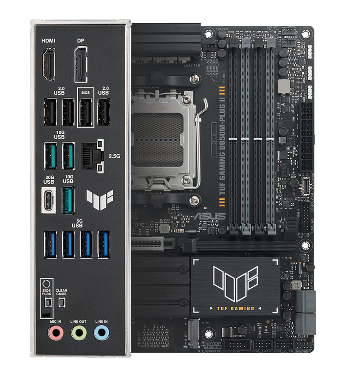 TUF Gaming motherboard front view, with Aura lighting, and I/O shield