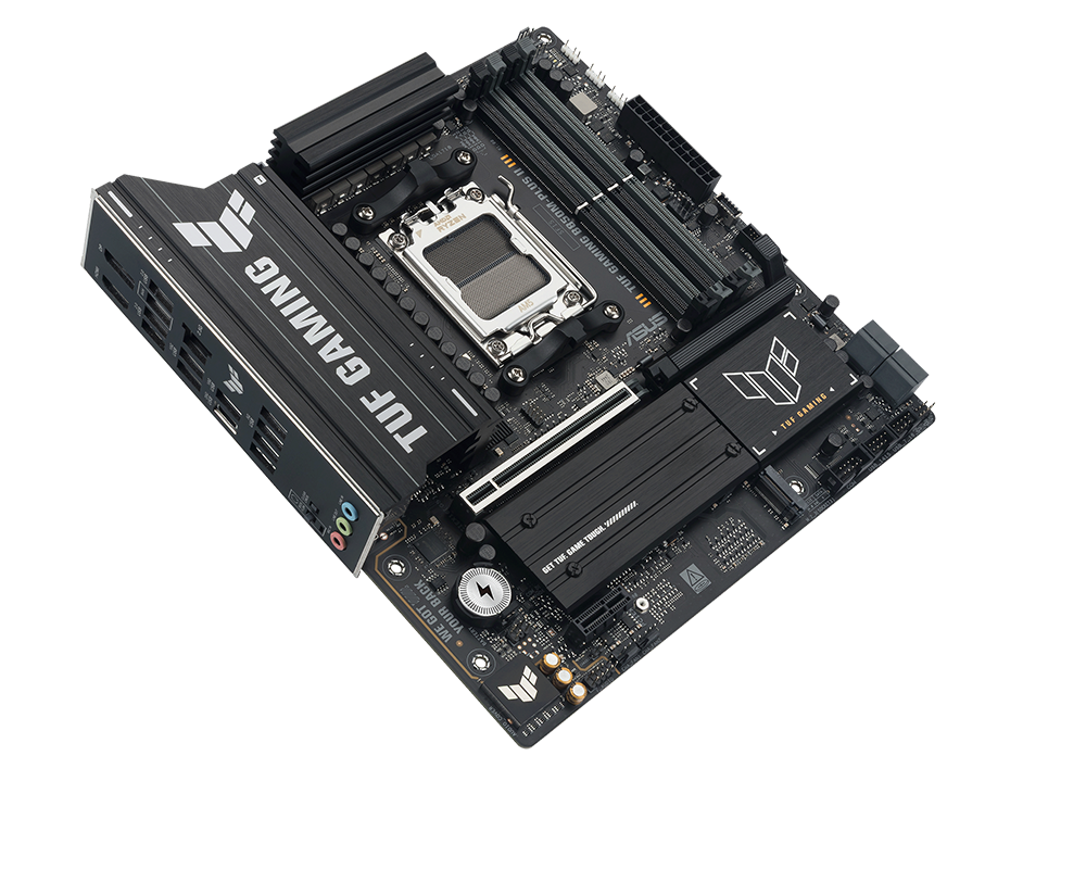TUF Gaming motherboard front view, 45 degrees