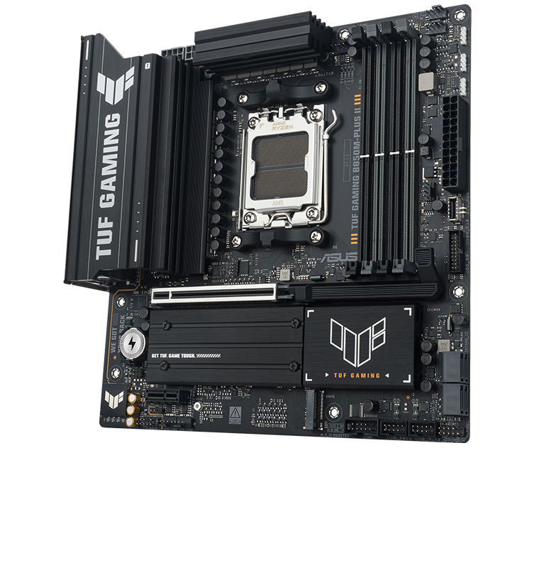 TUF Gaming motherboard front view, 60 degrees, with Aura lighting