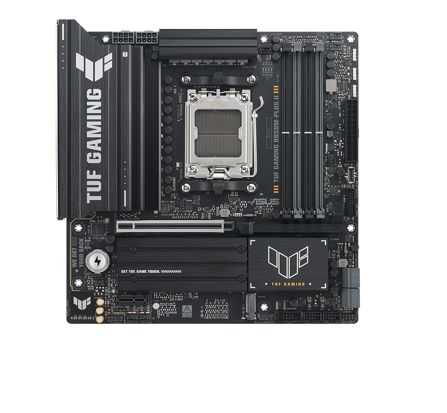 TUF Gaming motherboard front view, with Aura lighting