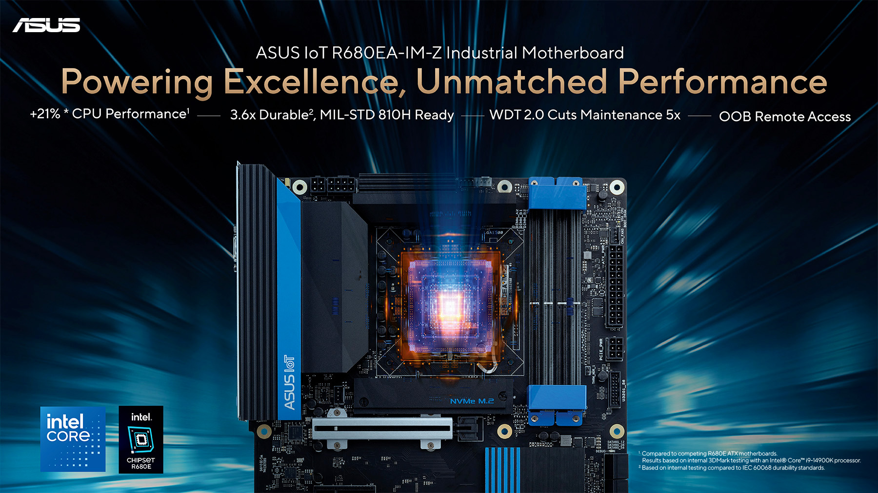 Industrial motherboard with glowing CPU highlight, showcasing performance power with slogan 'Powering Excellence, Unmatched Performance'
