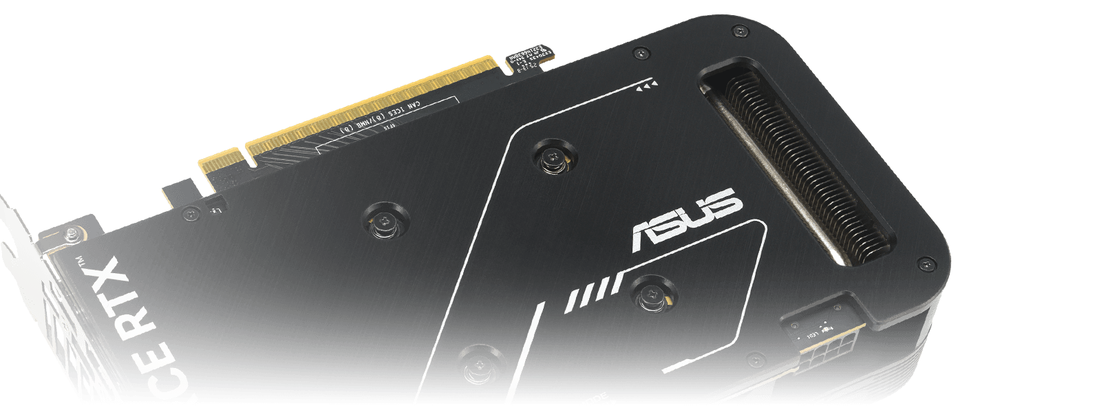 Close-up view of an ASUS graphics card's protective metal backplate, featuring a vented design for improved heat dissipation and structural durability.