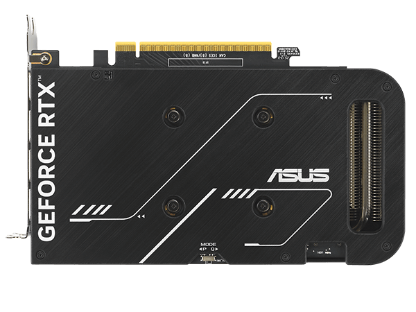 Close-up view of a GeForce RTX graphics card's protective backplate.