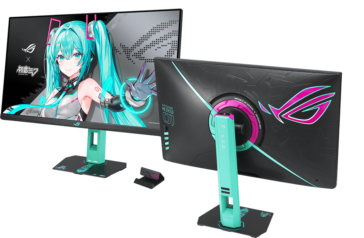 Angled front-side and back view of ROG Strix XG27ACMEG-G HATSUNE MIKU EDITION