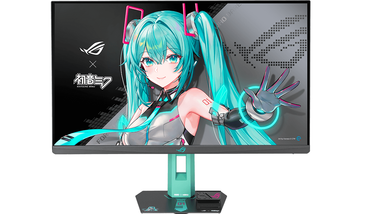 Angled front-side view of ROG Strix XG27ACMEG-G HATSUNE MIKU EDITION with a 27” text