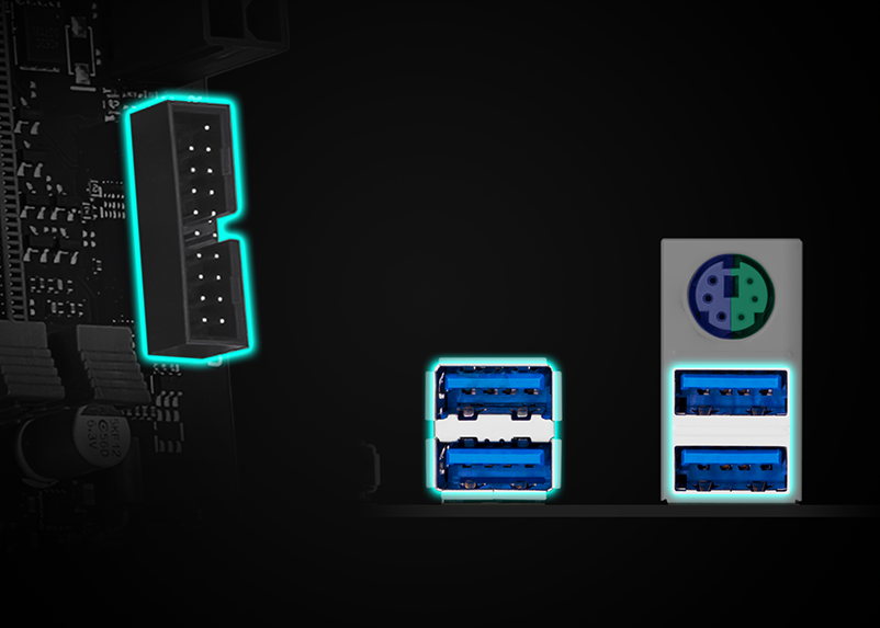 four rear USB 5Gbps Type-A ports and a front USB 5Gbps Type-A connector