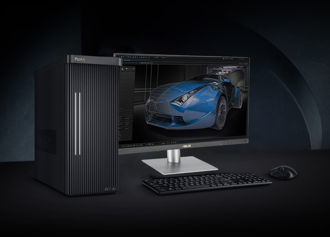 A ProArt monitor displaying fast rendering raceing car to demonstrating 120Hz high refresh rate.