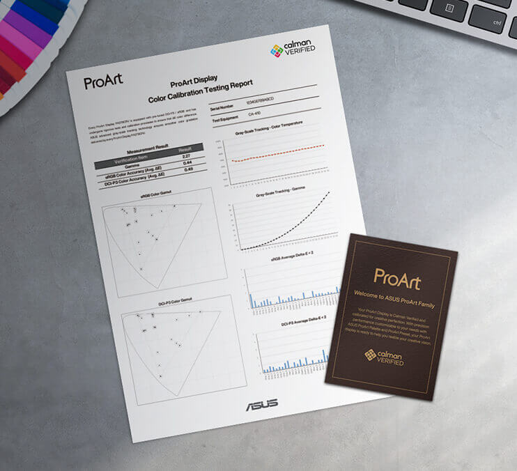 Color calibration report on a gray surface, featuring charts, data, and 'calman VERIFIED' logo. Beside it, a 'ProArt' welcome card.