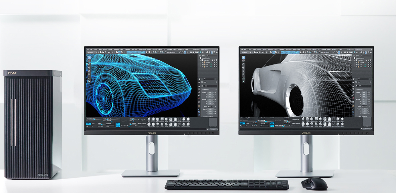 A desktop setup with two monitors showing different 3D designs, connected to the device with various port options.