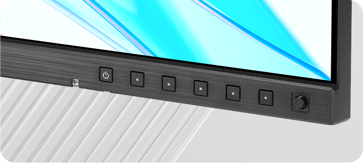 Close-up of a black monitor with five front buttons and a 5-way navigator. Light background with diagonal lines.