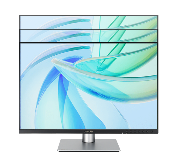 A silver ASUS ProArt monitor on an ergonomic stand with a screen displaying an abstract blue and green graphic, demonstrating its height adjustment range. 