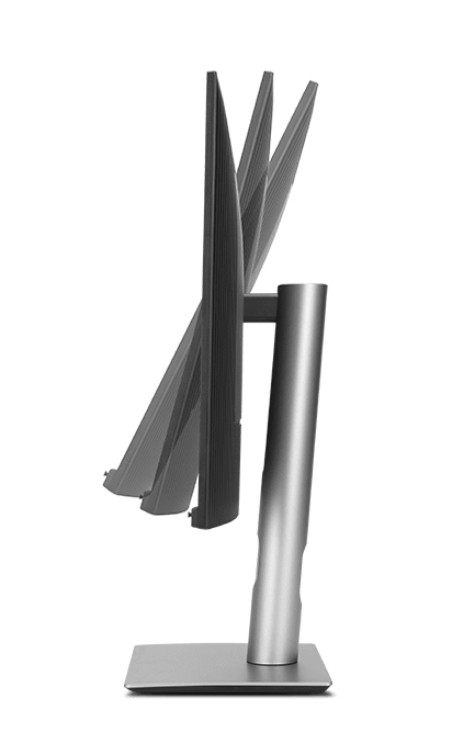 A silver ASUS ProArt monitor on an ergonomic stand, demonstrating its tilt adjustment range. 