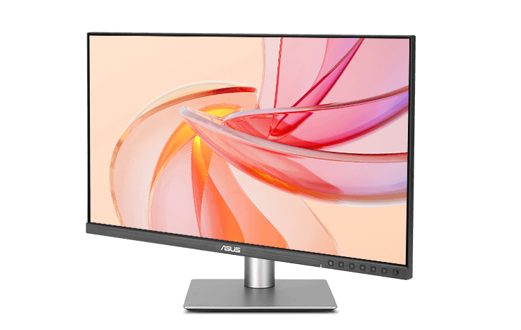 A silver ASUS ProArt monitor on an ergonomic stand with a screen displaying an abstract orange and red graphic, demonstrating its pivot adjustment range.