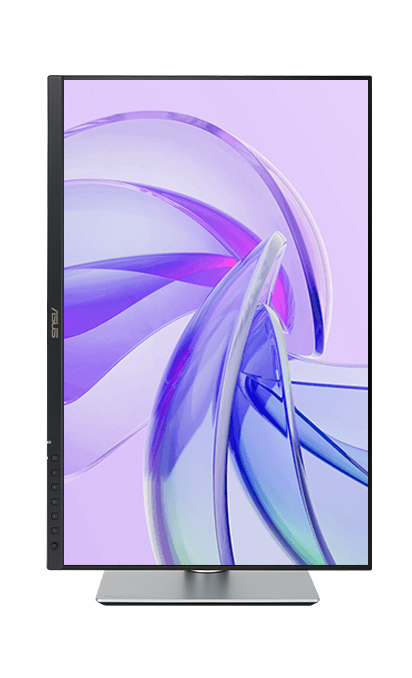 An ASUS ProArt monitor displayed in portrait mode, showing an abstract purple and blue graphic on its screen.