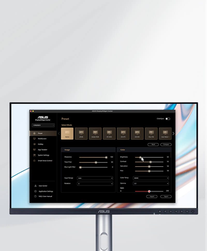 ProArt monitor displaying the ASUS DisplayWidget Center interface for macOS, featuring adjustable settings.