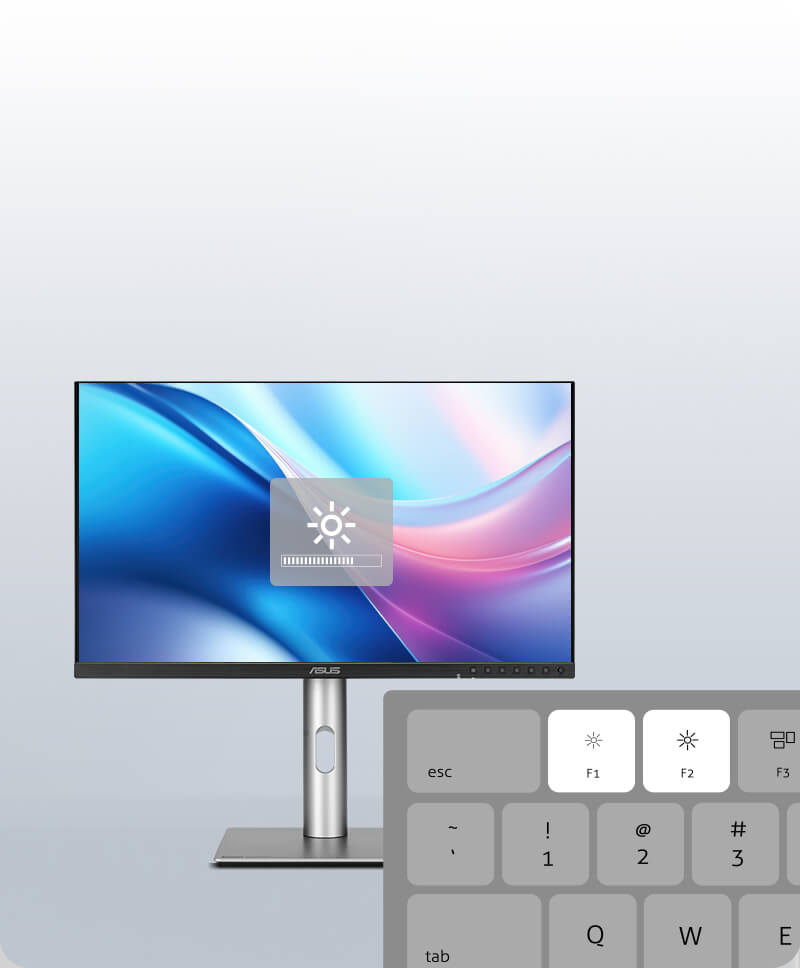 ProArt Display shows a brightness icon on a colorful swirl background. Enlarged keyboard section highlights F1 and F2 keys.