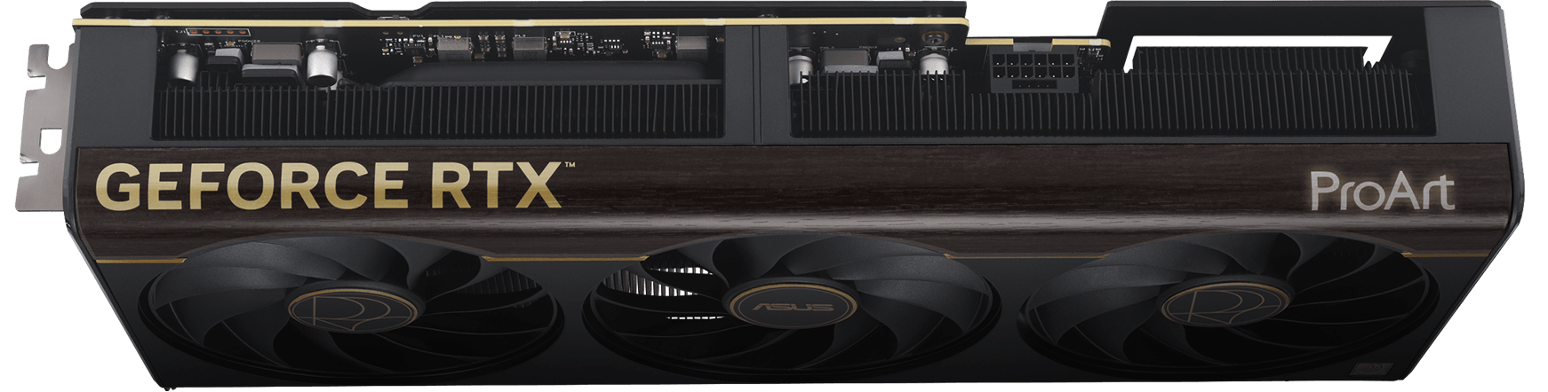 Carte ProArt GeForce RTX 5070, vue inclinée du haut vers le bas montrant le design de slot avec l'éclairage