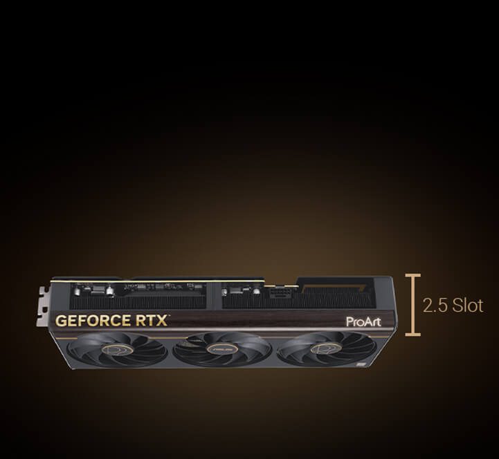 Carte ProArt GeForce RTX 5070, vue inclinée du haut vers le bas montrant le design de slot avec l'éclairage