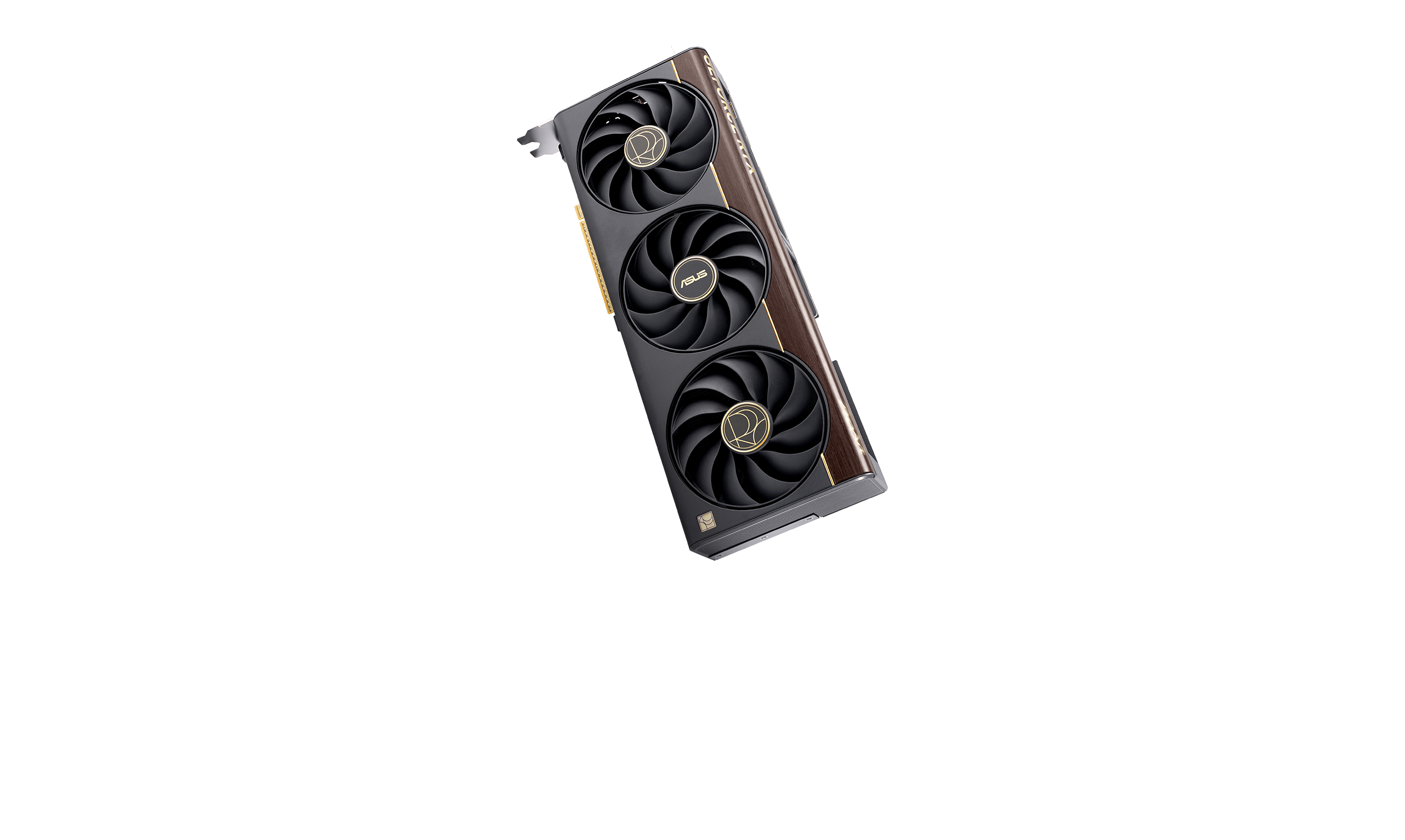Carte graphique ProArt GeForce RTX™ 5070 Ti flottant sur un fond de couleur de guerre avec une fondation en béton.