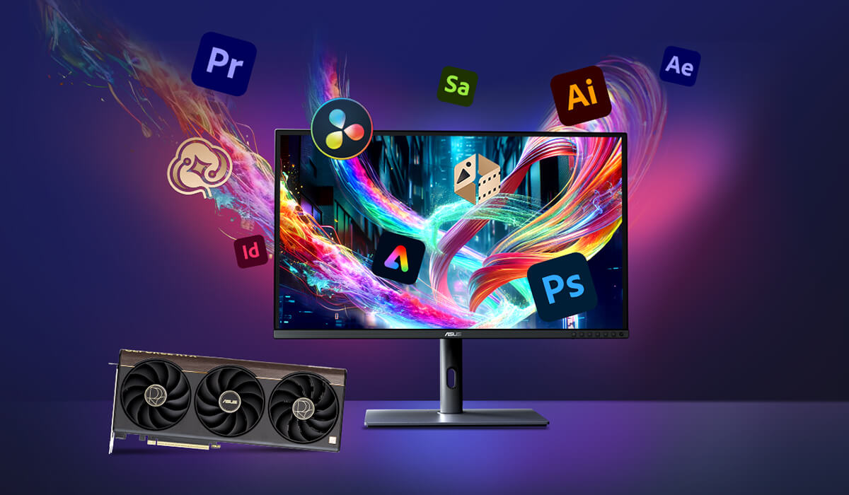 Moniteur et carte graphique ProArt sur un bureau, avec les logos des produits Adobe flottant autour du moniteur.