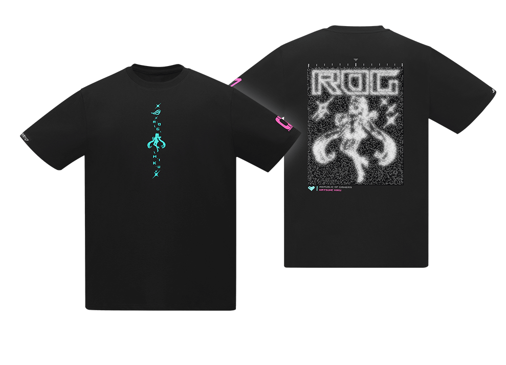 Front and back view of ROG T-SHIRT II Hatsune Miku Edition