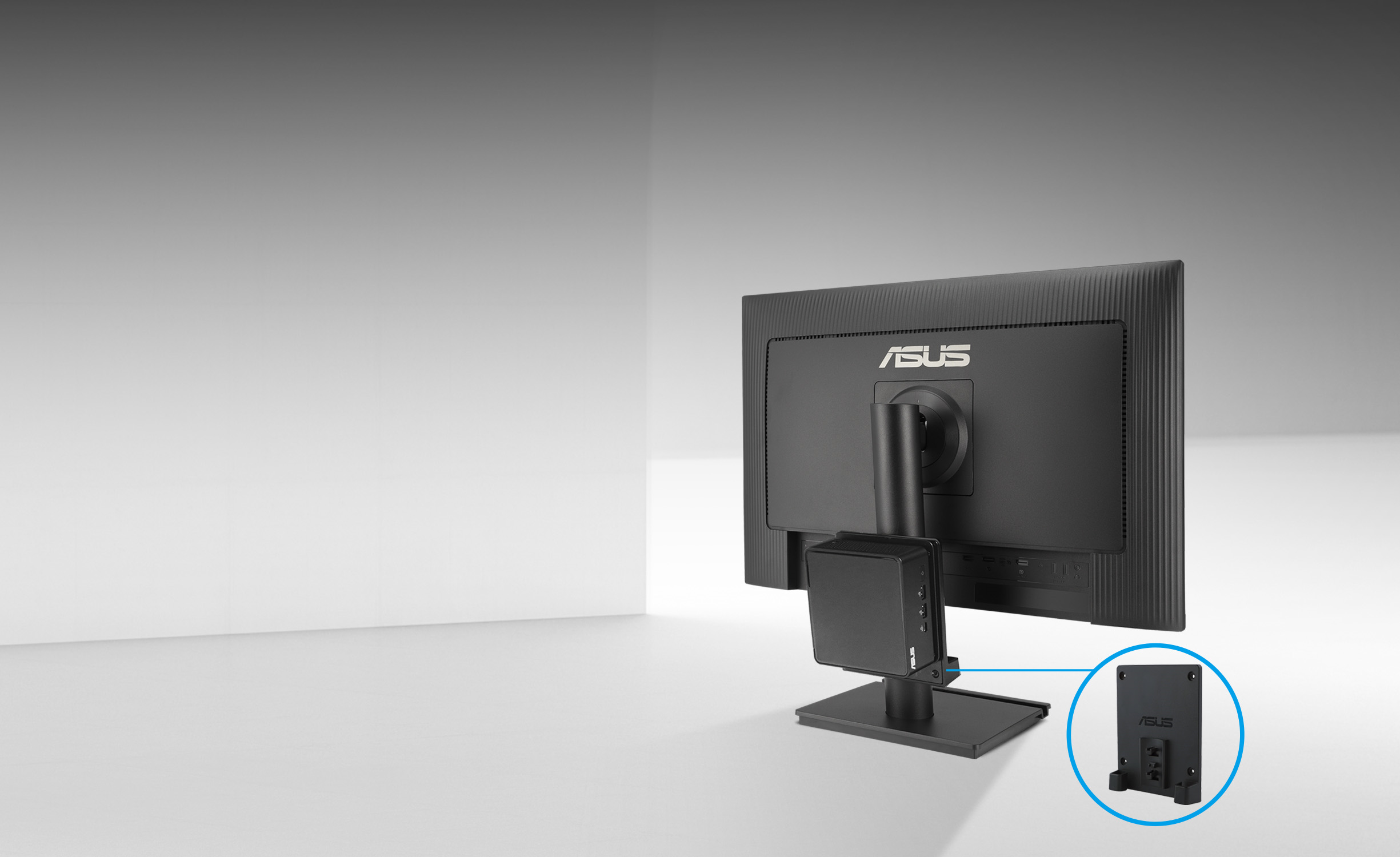 A mini PC can be attached to the rear of the ASUS BE249CGN monitor