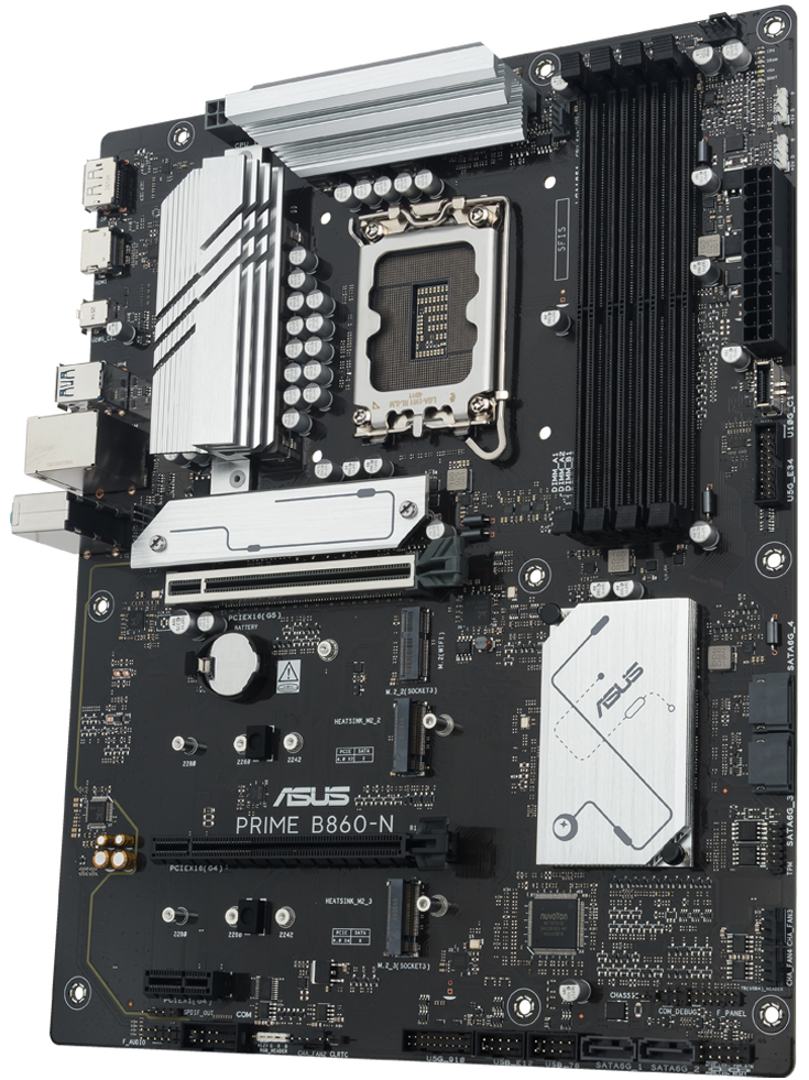PRIME B860-N-CSM motherboard front view, floating. 