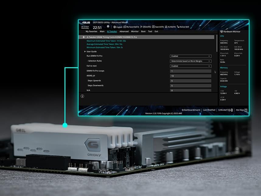 Graphic marking the location of DIMMs and showing the UI of the feature DIMM Fit / DIMM Fit Pro. 