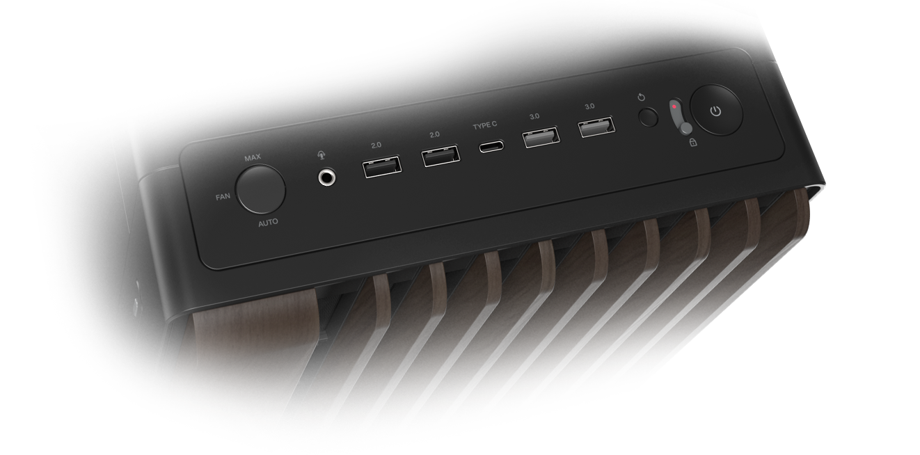 ProArt PA602 wood edition Modern Black case front panel I/O, including power latch, fan speed control and USB Type-C port