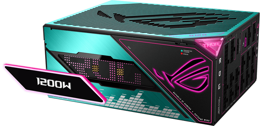 Angled side view of ROG Thor 1200W Platinum III Hatsune Miku Edition, showing the detachable magnetic OLED power display