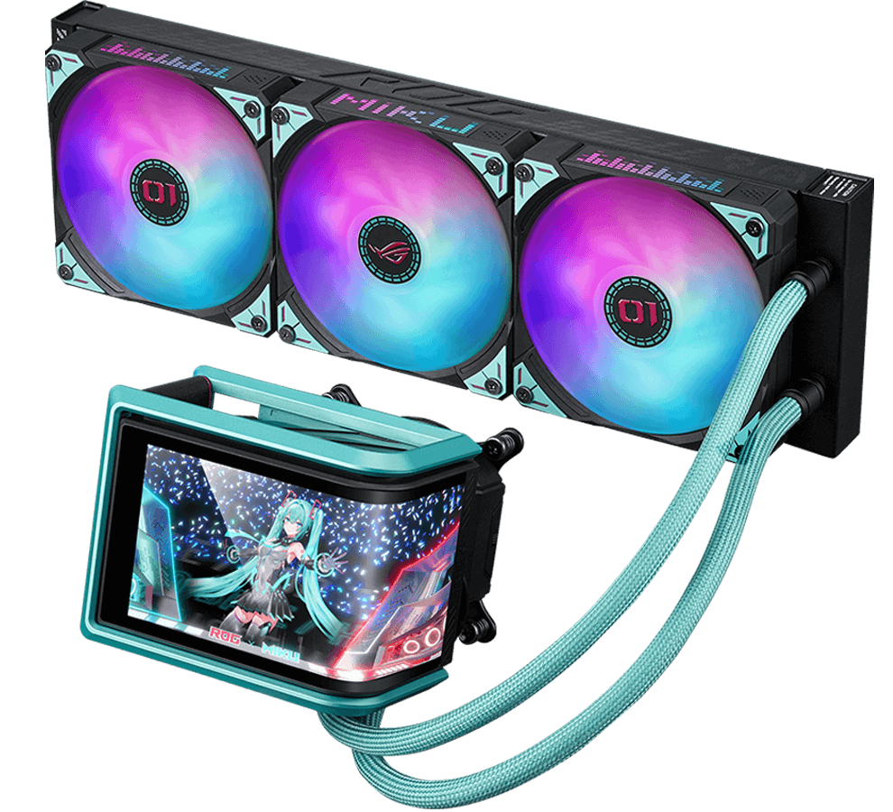 ROG Ryuo IV 360 ARGB Hatsune Miku Edition AIO liquid cooler featuring triple ARGB fans and an LCD display with Hatsune Miku theme
