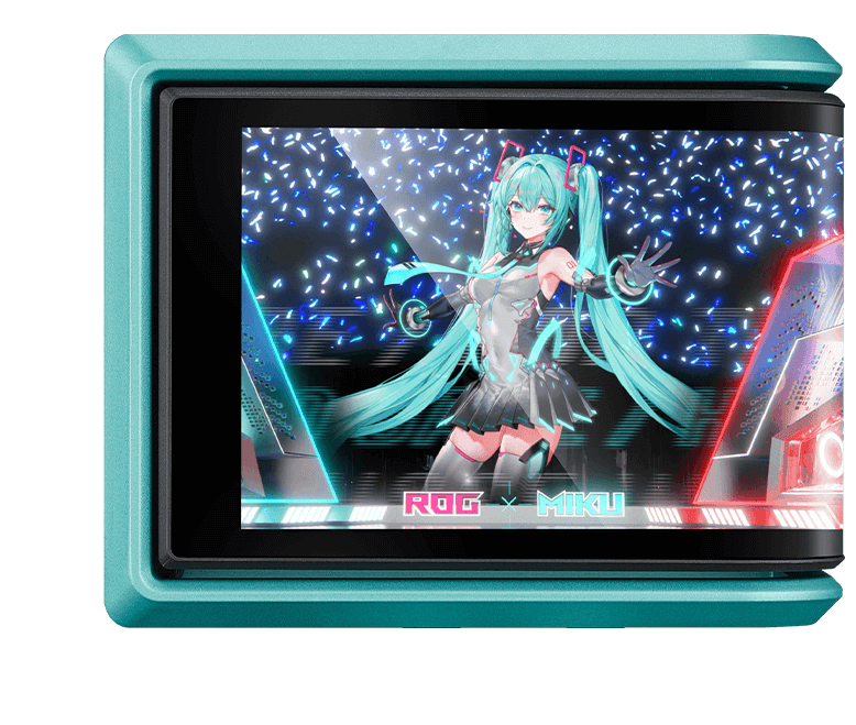 Close-up of the LCD display on the ROG Ryuo IV 360 ARGB Hatsune Miku Edition AIO cooler, showcasing exclusive Hatsune Miku artwork and ROG × Miku logo