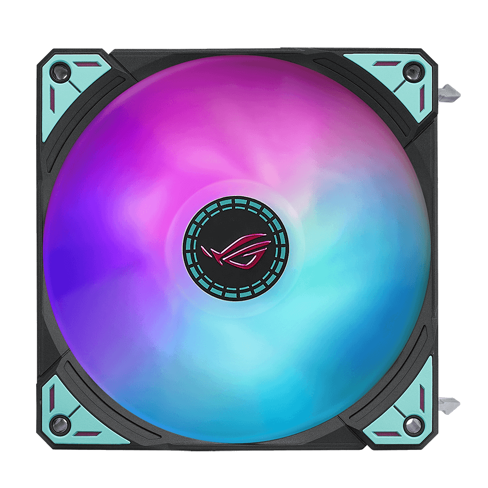 ROG ARGB fan featuring pink and blue gradient lighting with mint accent corners.