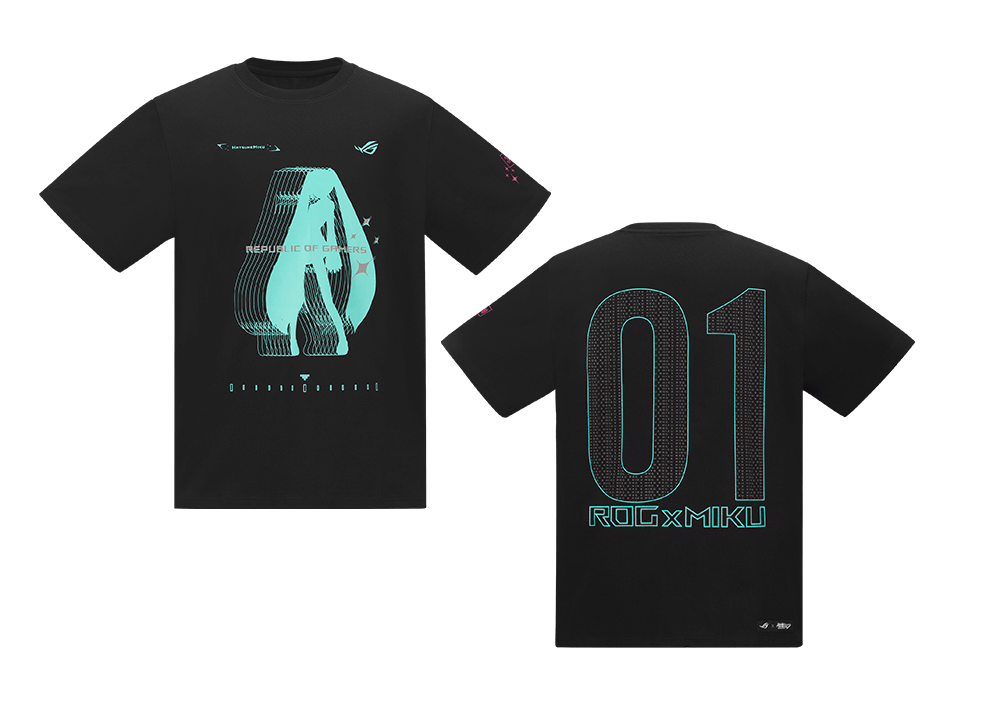 Front and back view of ROG T-SHIRT I Hatsune Miku Edition