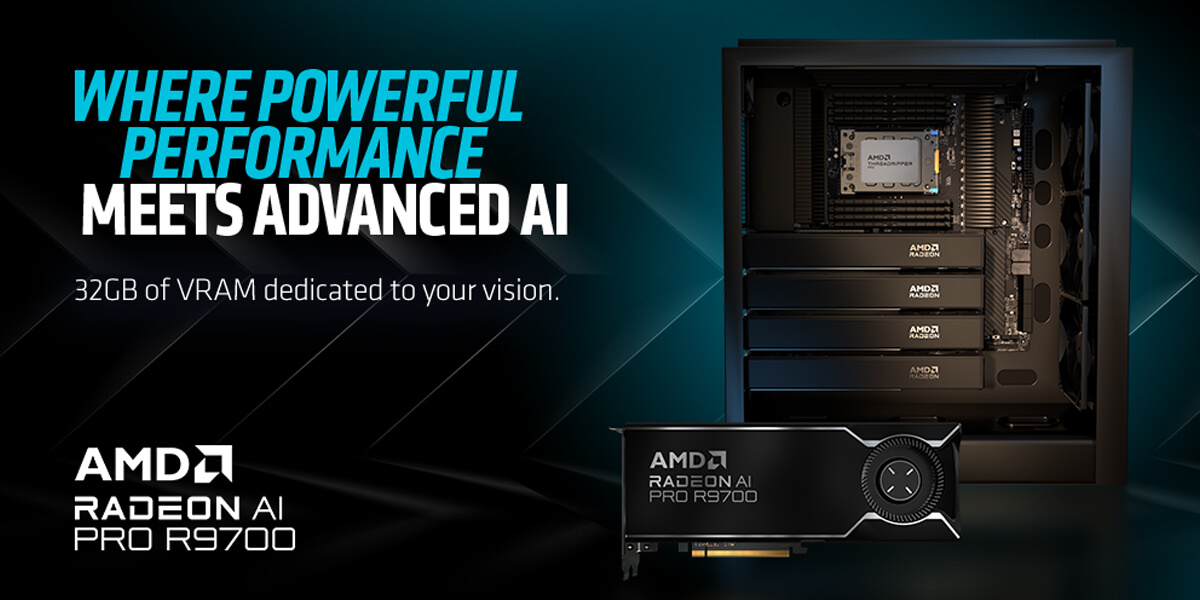 A PC with multiple AMD graphics cards installed, with a single AMD card on the side.