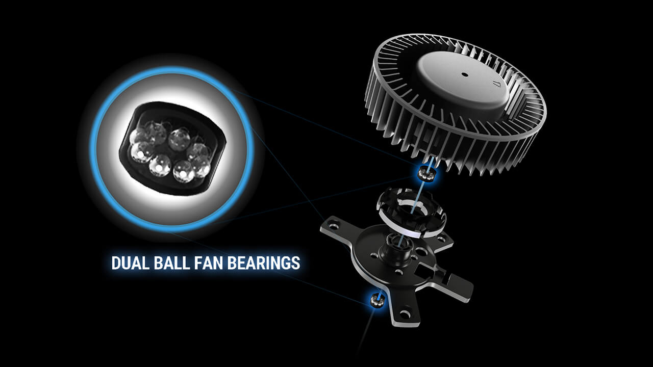 Exploded view of a graphics card fan showcasing dual ball fan bearings for enhanced durability and cooling performance