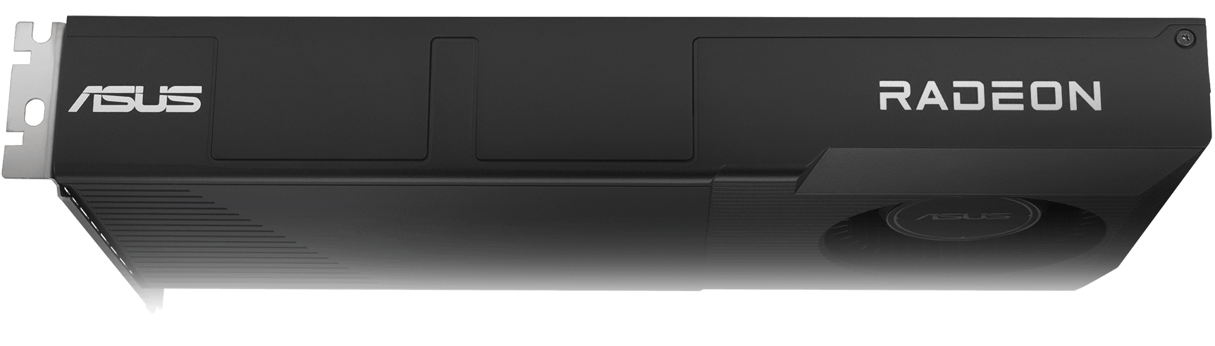 Angled top down view of the ASUS Turbo Radeon™ AI Pro R9700 graphics card hero angle