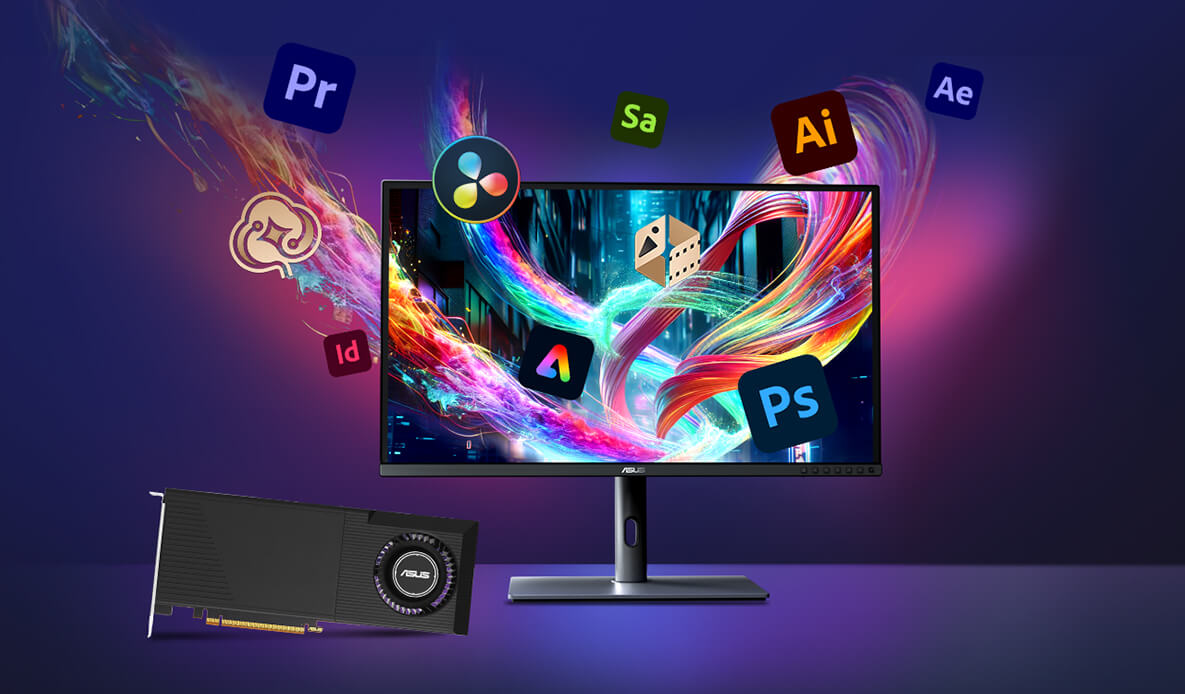 Monitor and Turbo Radeon™ AI Pro R9700  graphics card on a desk, with Adobe product logos floating around the monitor