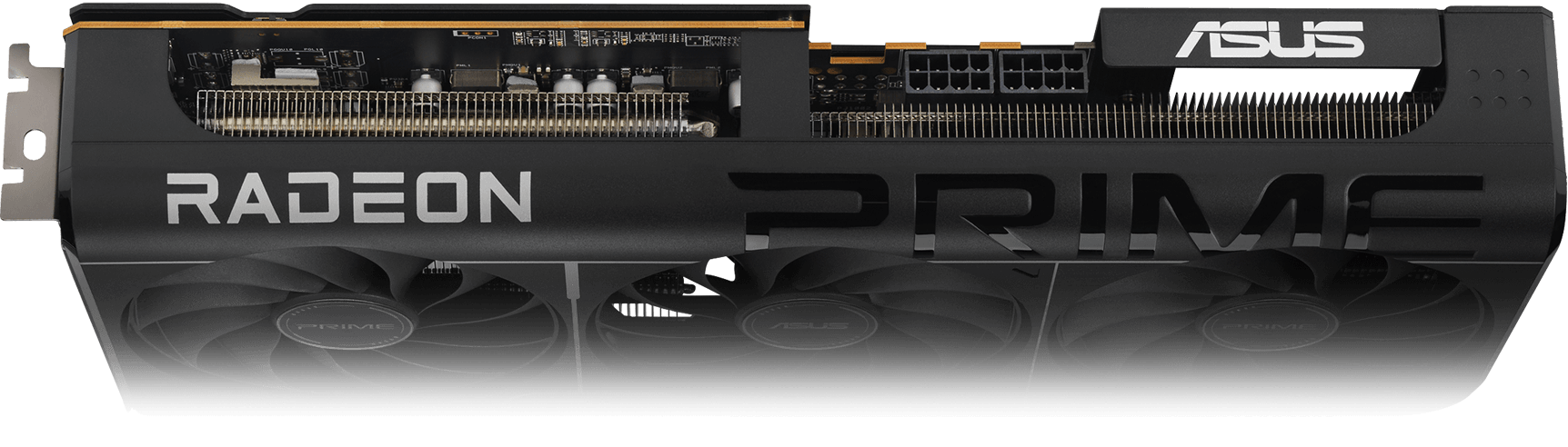 Angled top down view of the Prime Radeon RX 9070 EVO graphics card hero angle