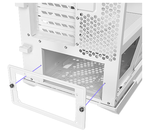 Graphic depicting a detachable PSU bracket on the rear of the Helios II
