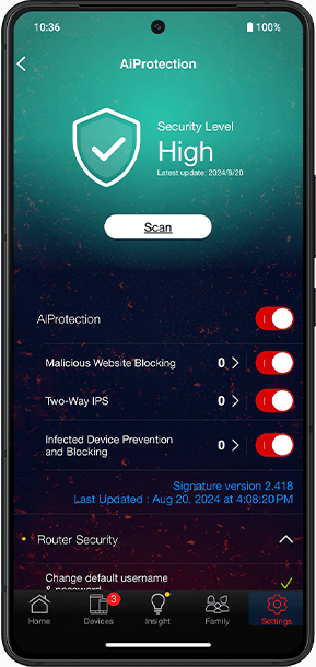 AiProtection Pro interface with a bar graph showing data usage at different times of the day.