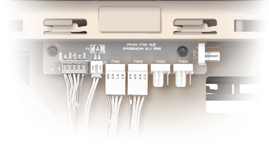 Closeup of integrated fan hub with support for up to 5 PWM fans