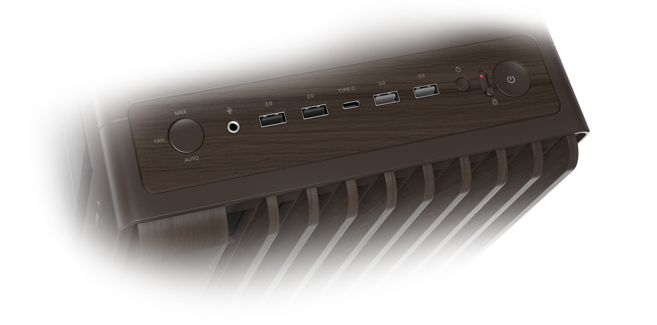ProArt PA602 wood edition Retro Brown case front panel I/O, including power latch, fan speed control and USB Type-C port