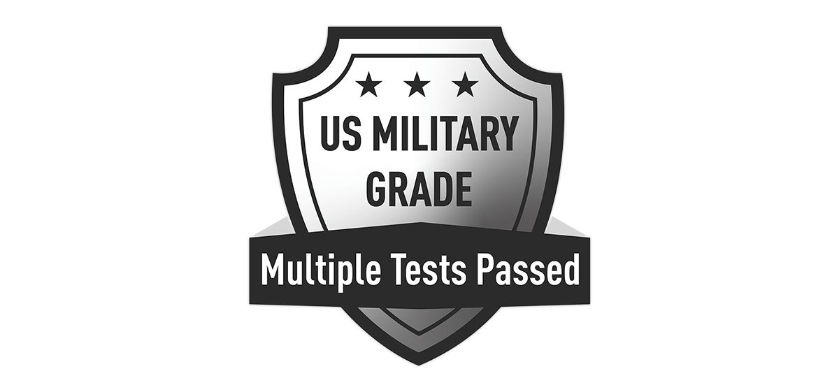 A logo indicating US military grade, with multiple tests passed.