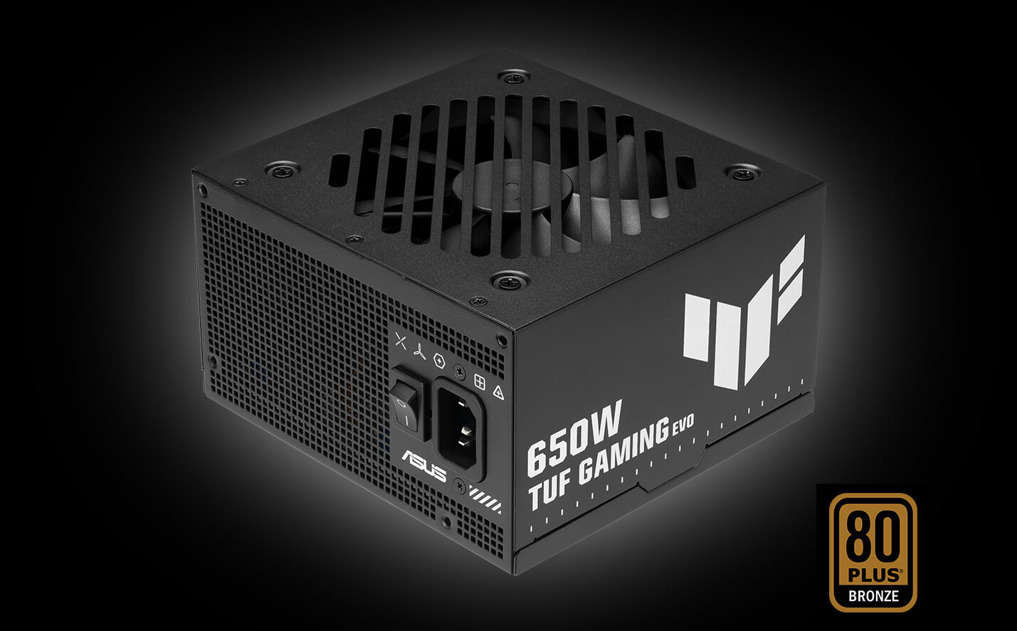 Angled view of TUF Gaming PSU with a 80 PLUS Bronze logo