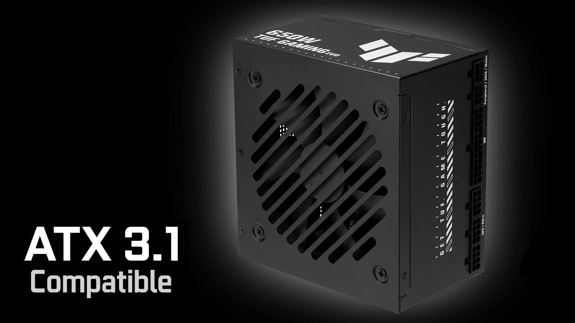 angled view of TUF Gaming PSU with ATX 3.1 compatible logo