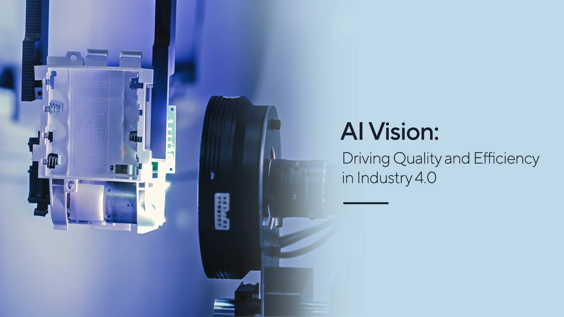 AI Vision A robotic arm inspects a component under blue lighting. Text reads 'AI Vision: Driving Quality and Efficiency in Industry 4.0,' highlighting tech innovation.