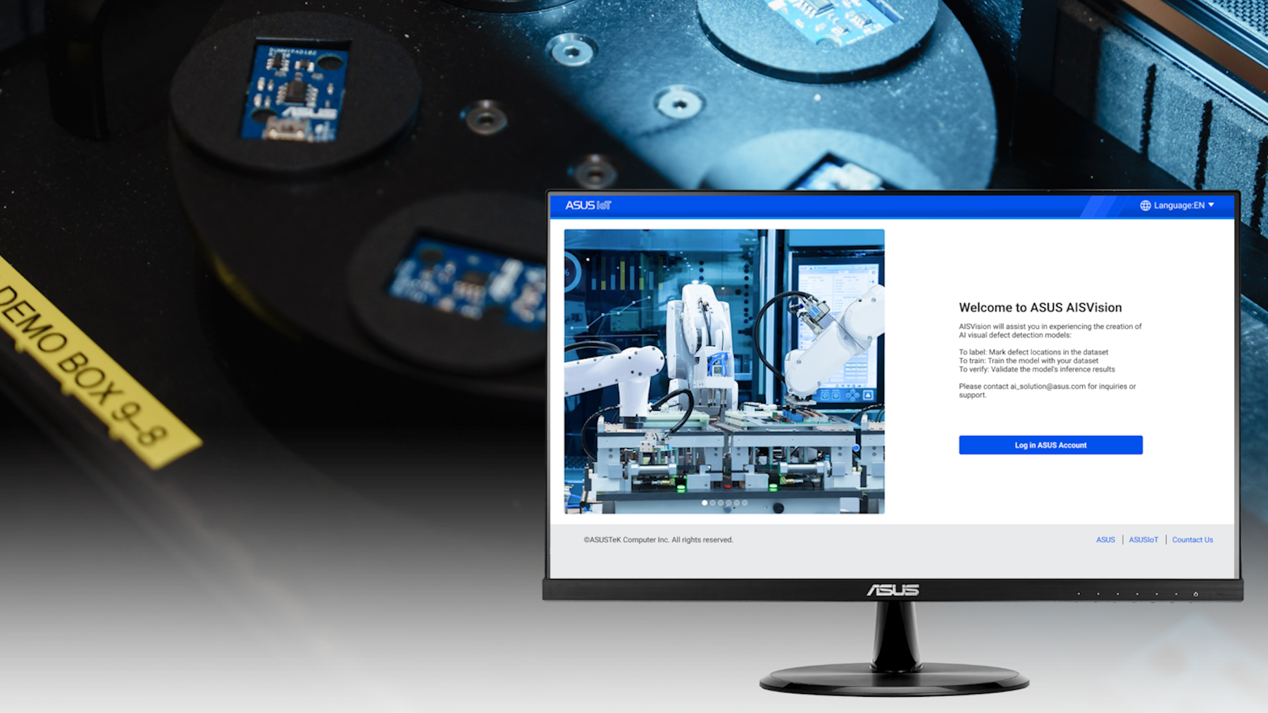 Circuit Board Inspection with AISVision 365 A robotic arm analyzes circuit boards, displaying the AISVision365 interface on an ASUS monitor