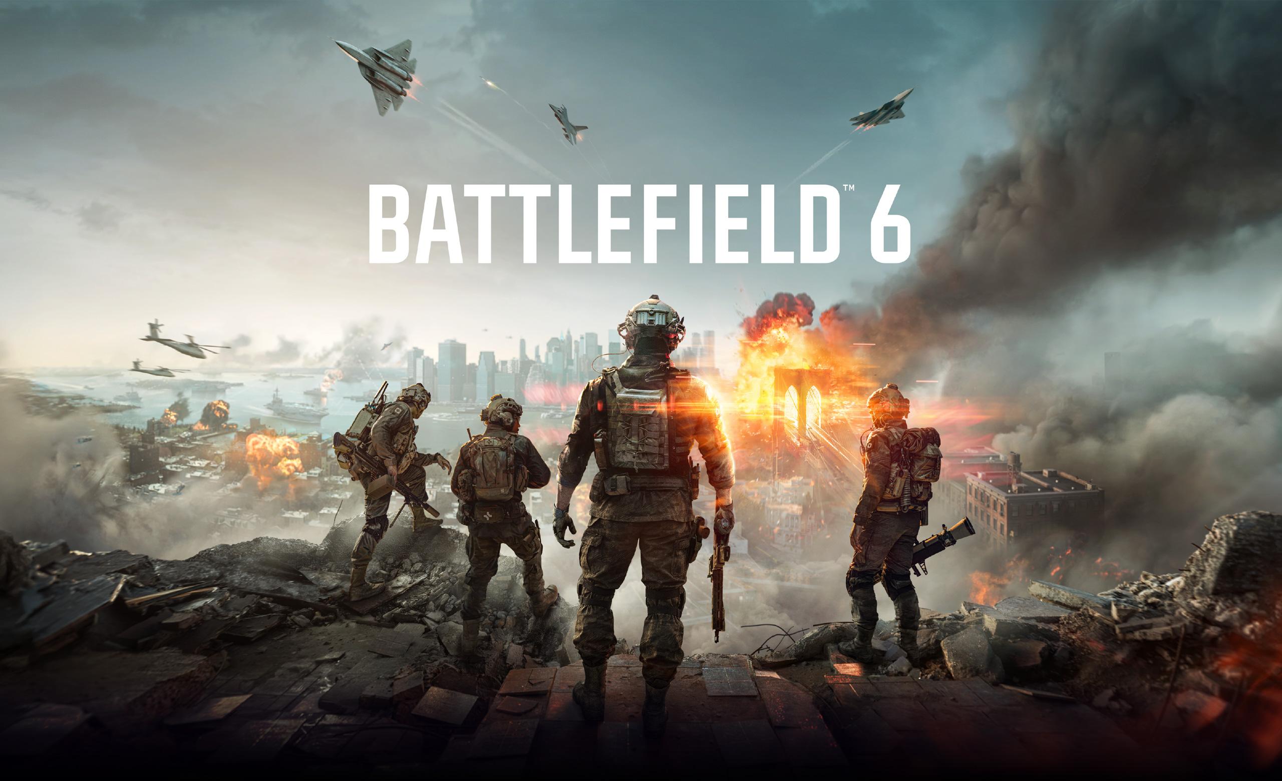 Promotional banner for Intel® Gamer Days game bundle featuring the video game Battlefield 6. The background shows three heavily armed soldiers standing on a war-torn battlefield with smoke, fire, fighter jets, and a destroyed city skyline.